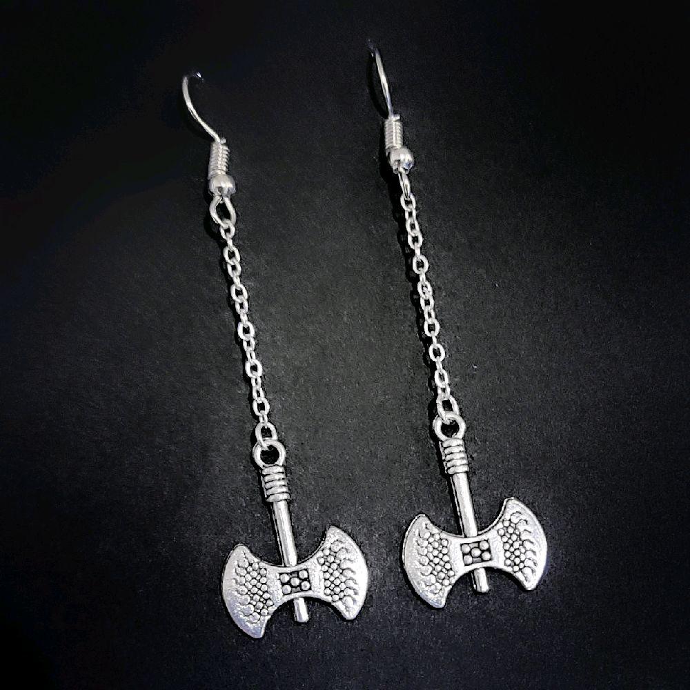 Medieval Battle Ax Chain Drop Earrings - Silver
