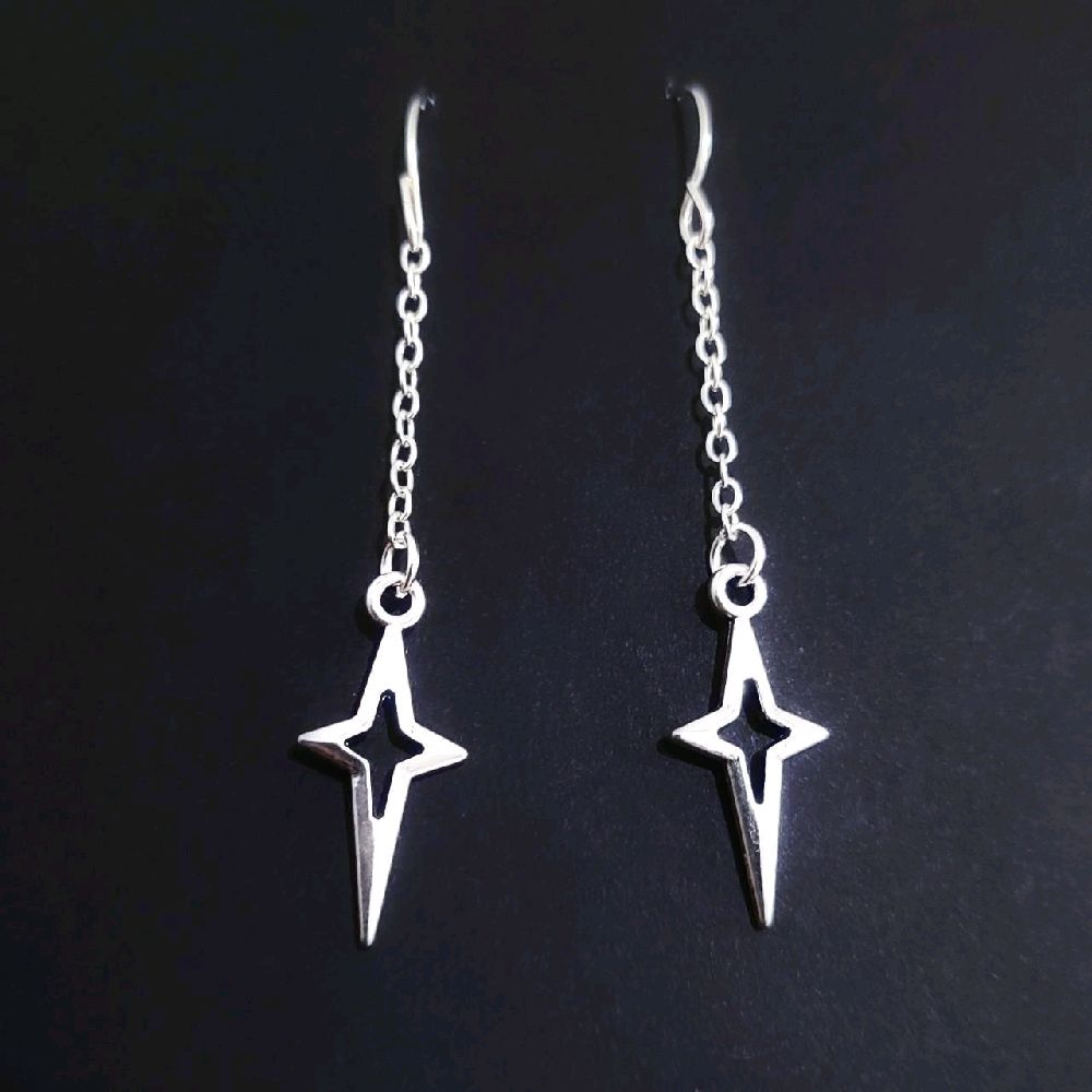 Silver Hollow Starburst Chain Drop Earrings
