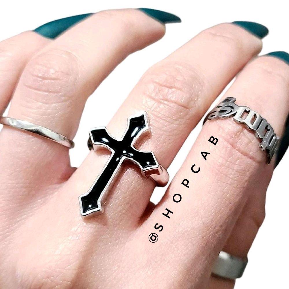 Black & Silver Cross Ring - Adjustable Size