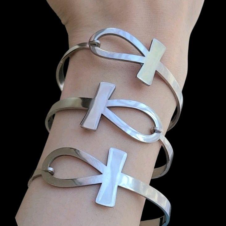Silver Ankh Bangle Bracelet -Stainless Steel