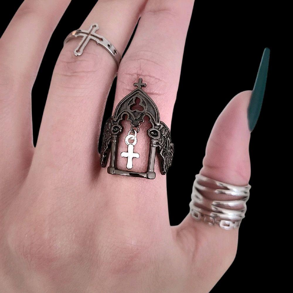 Black Silver Cross Charm Cathedral Ring