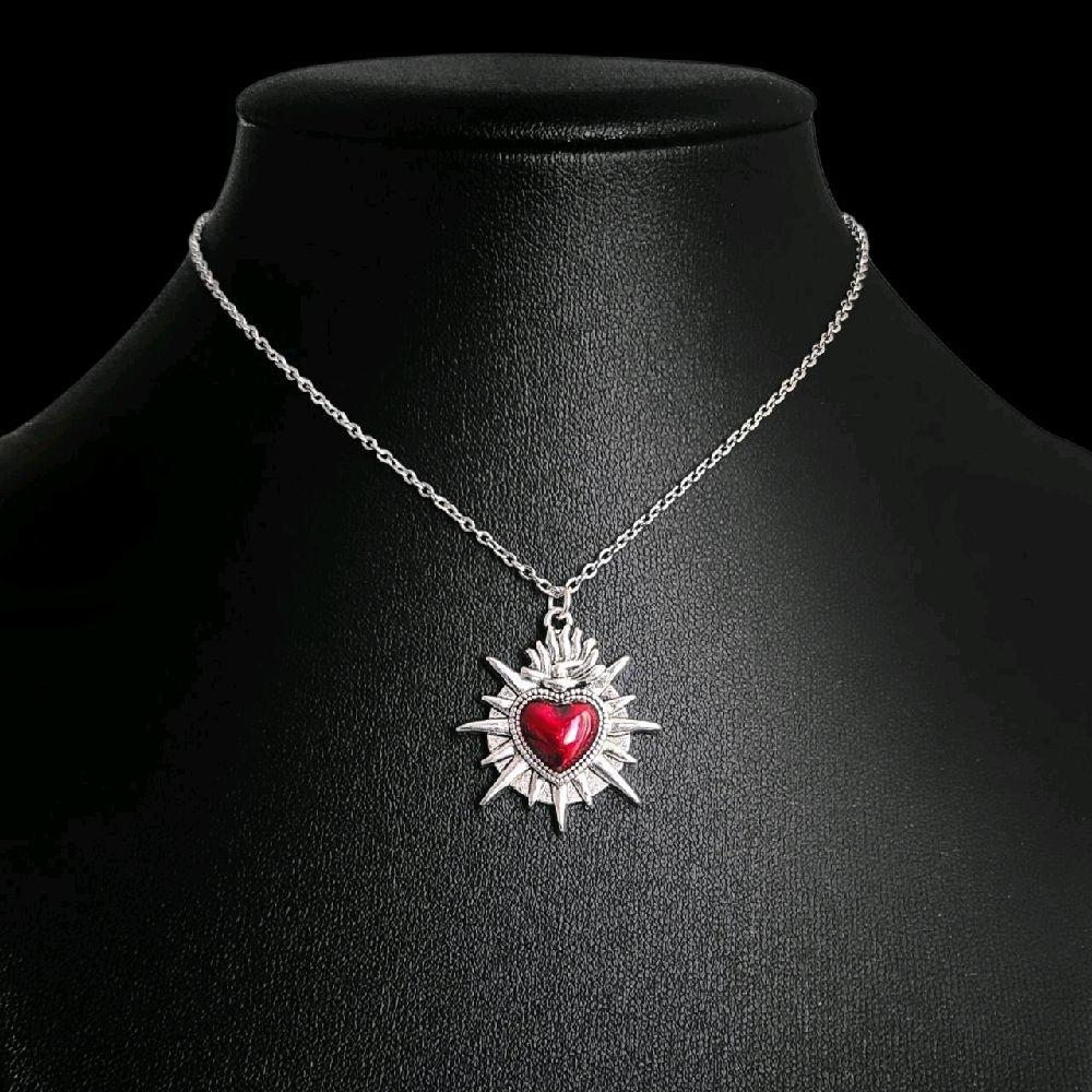 Gothic Silver Red Sacred Heart Necklace