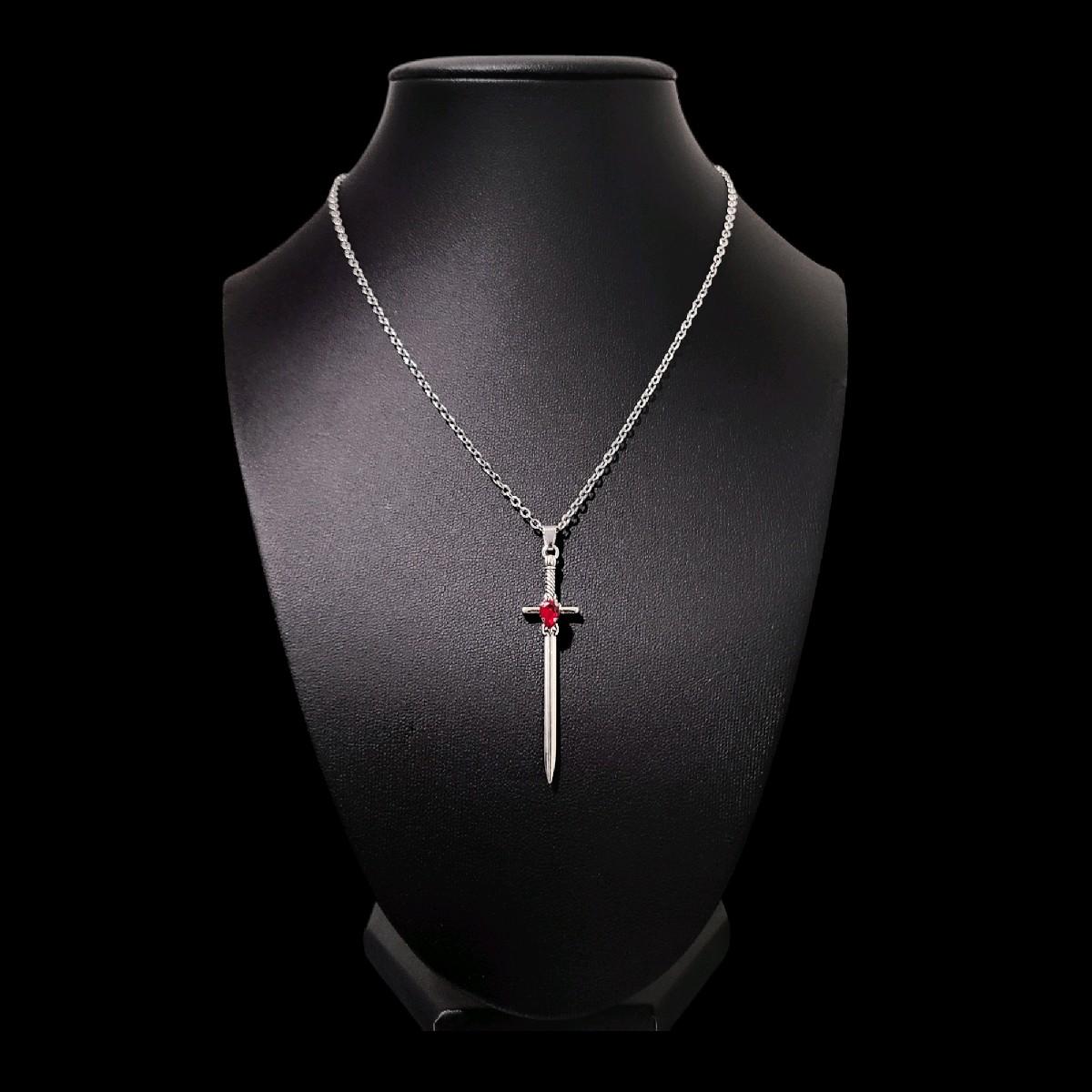18" Silver Red Crystal Sword Necklace