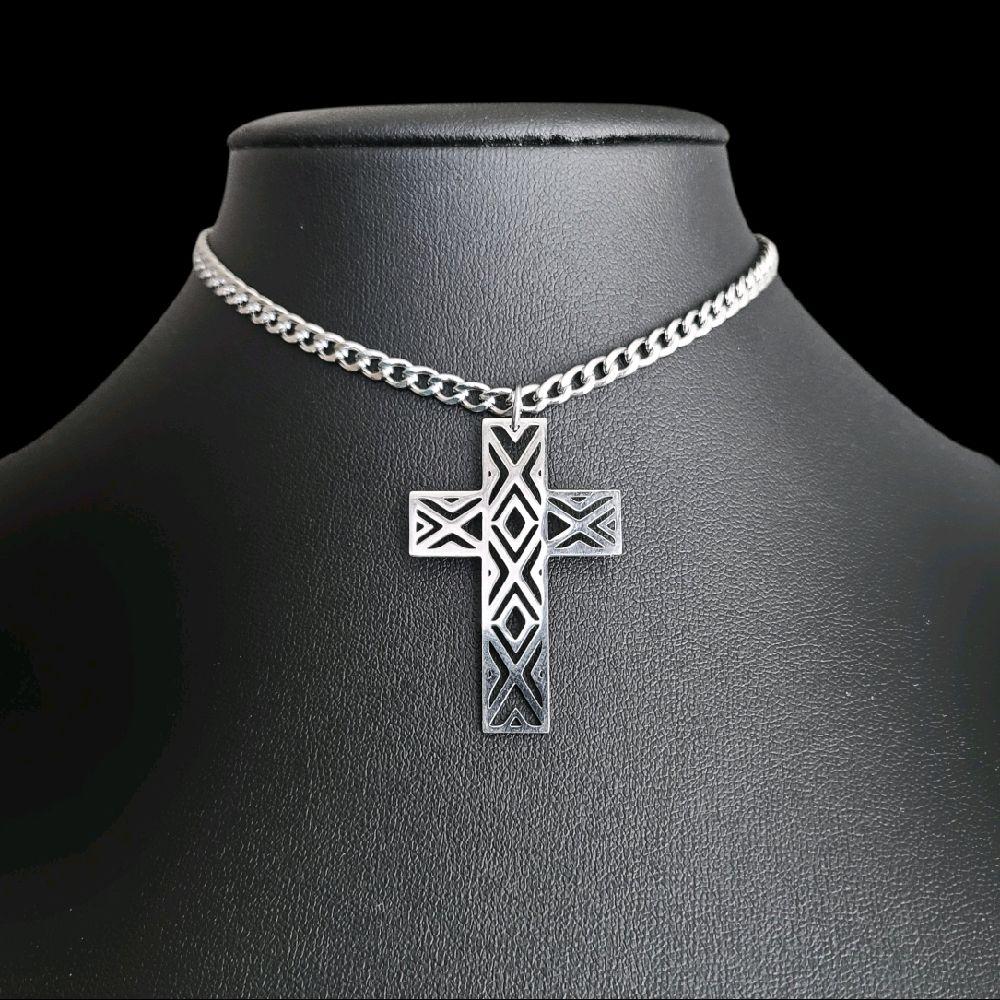Silver Gothic Cross Choker Necklace - Stainless Steel Geometric Design