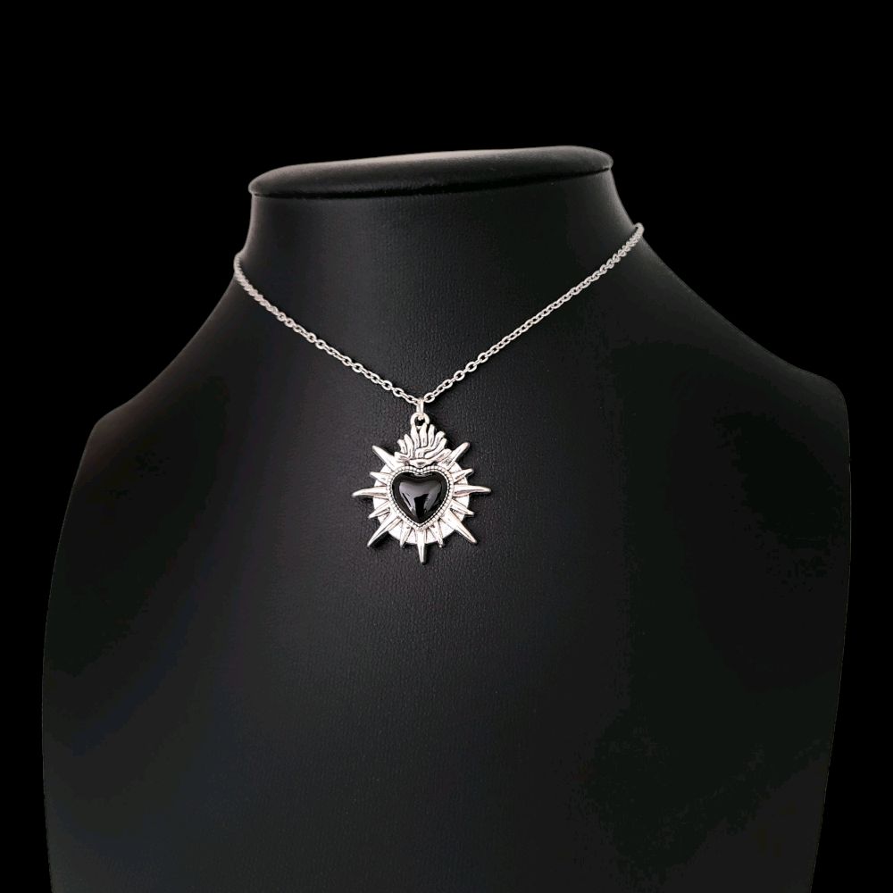 Silver Black Sacred Heart Pendant Necklace