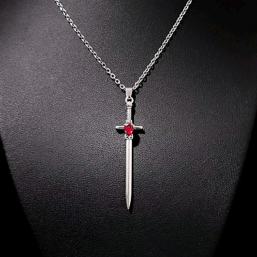 18" Silver Red Crystal Sword Necklace