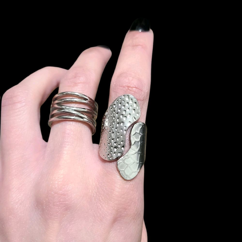 Hammered Long Wrap Ring - Stainless Steel