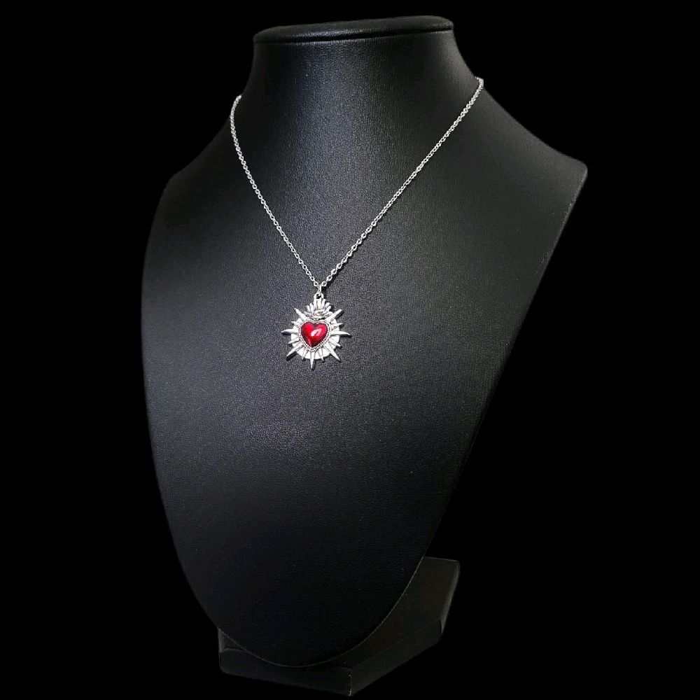 Gothic Silver Red Sacred Heart Necklace