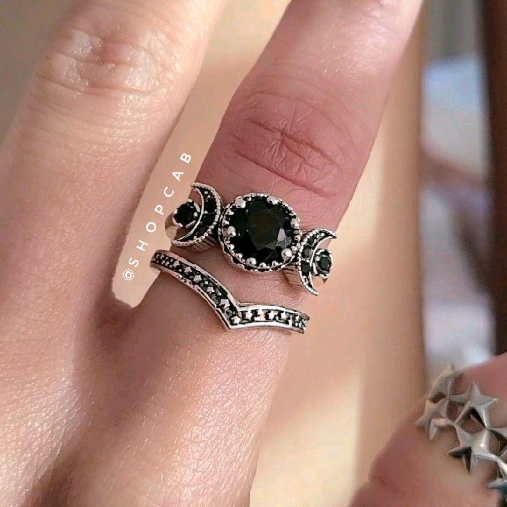 Celestial Black Silver Crystal Moon Ring Set