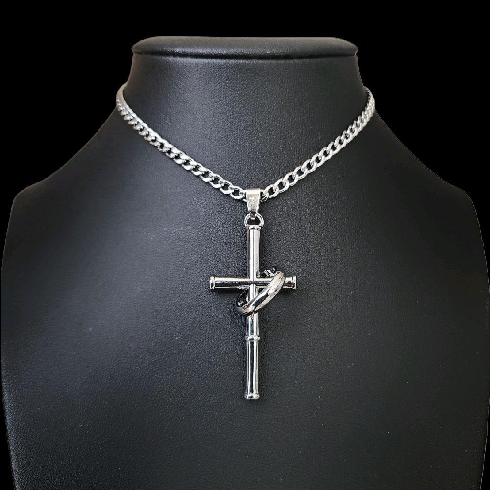 Silver Cross Ring Choker - Stainless Steel Chain