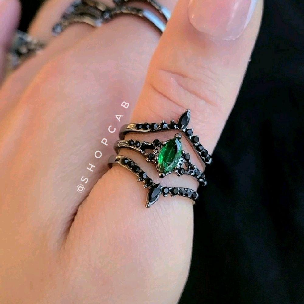 Green Marquise Gunmetal Ring Stack - 3 Piece Set