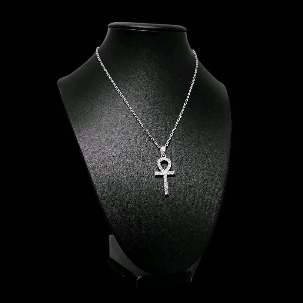 Crystal Ankh Pendant Necklace - Sparkly Silver
