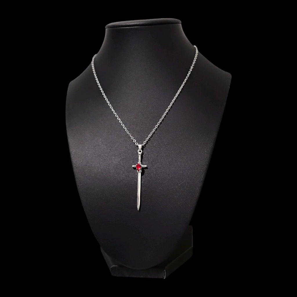 18" Silver Red Crystal Sword Necklace