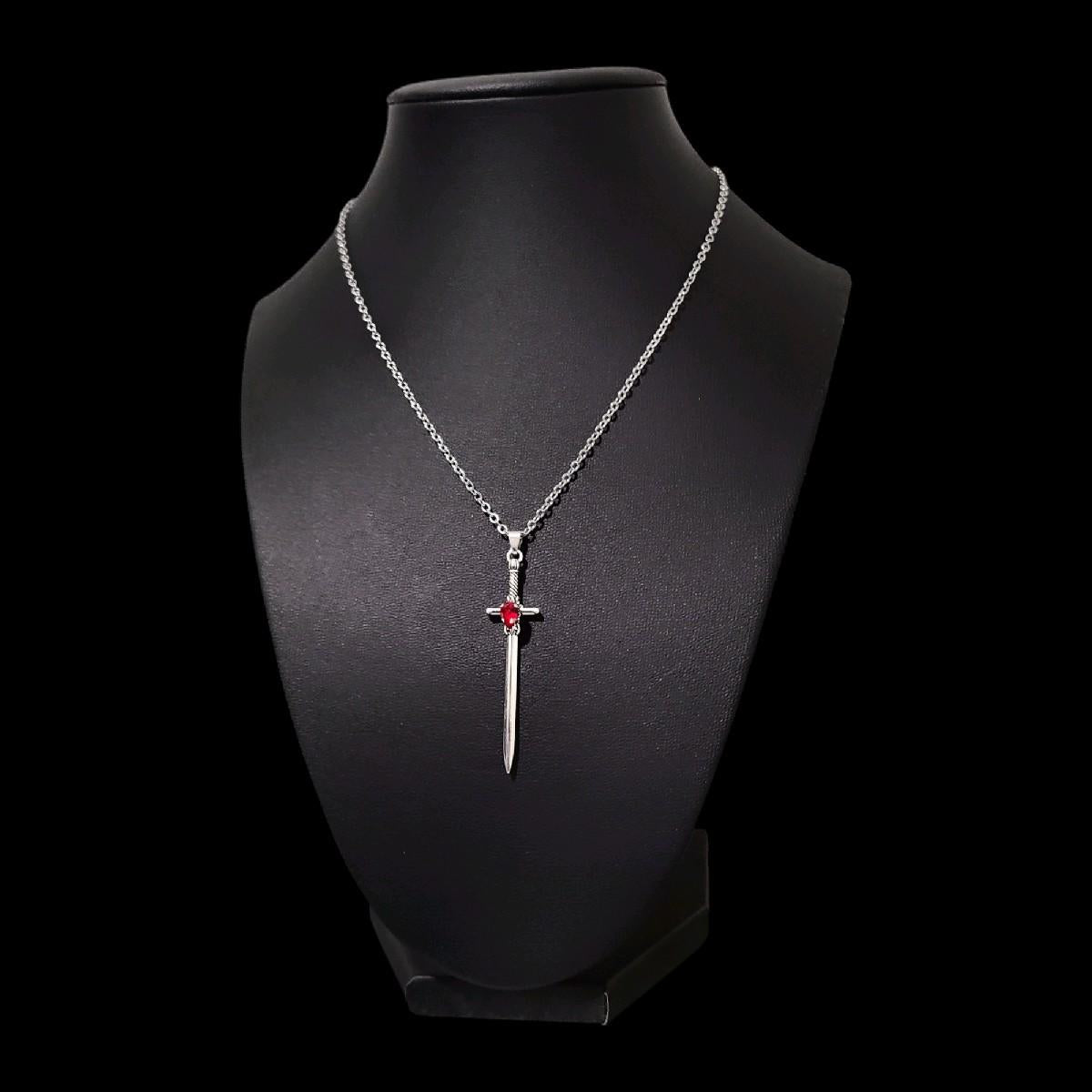 18" Silver Red Crystal Sword Necklace
