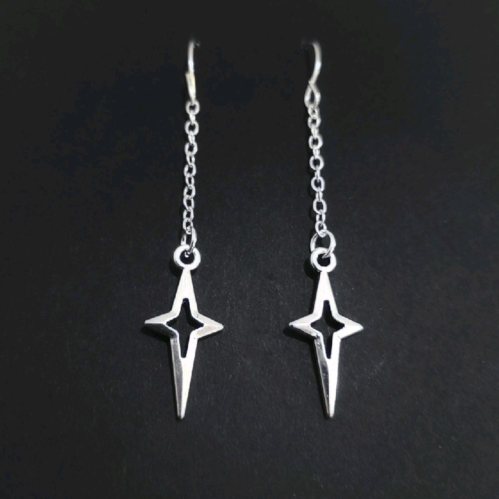 Silver Hollow Starburst Chain Drop Earrings