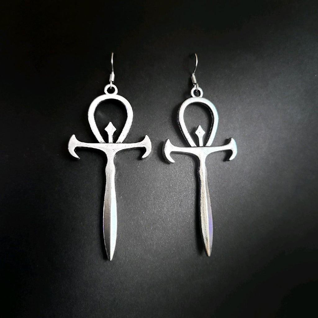 Silver Gothic Ankh Earrings