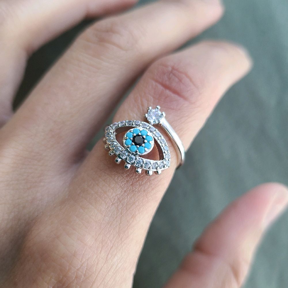 Silver Crystal Evil Eye Ring - Adjustable Size