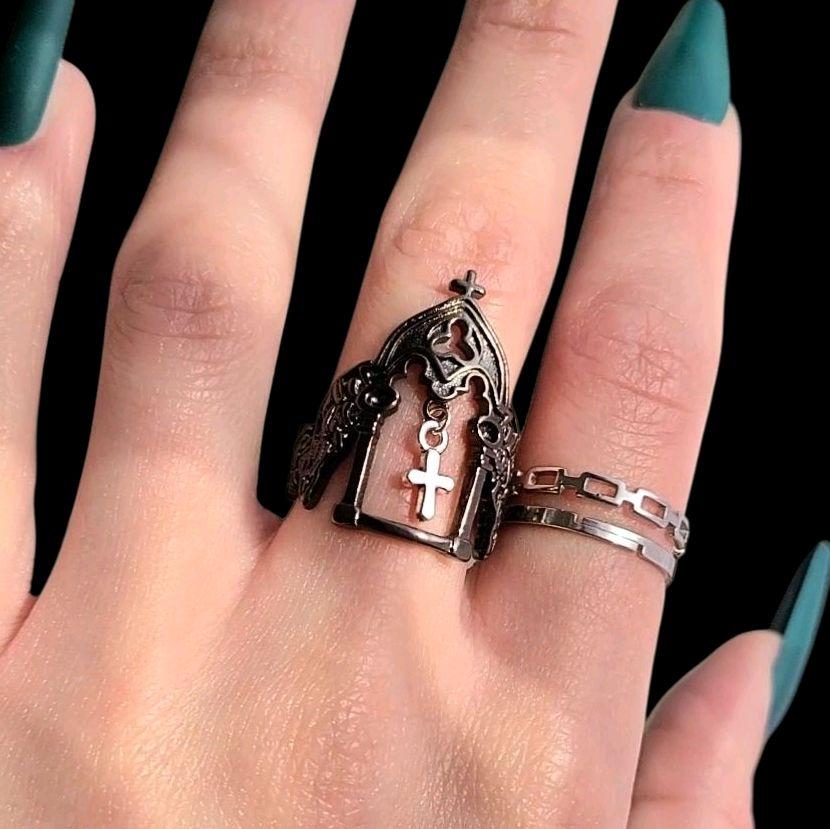 Black Silver Cross Charm Cathedral Ring