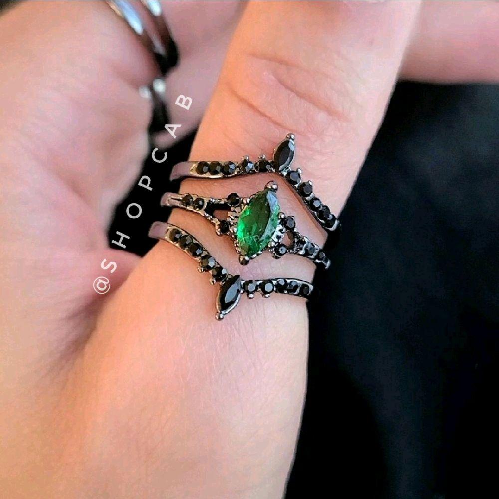 Green Marquise Gunmetal Ring Stack - 3 Piece Set