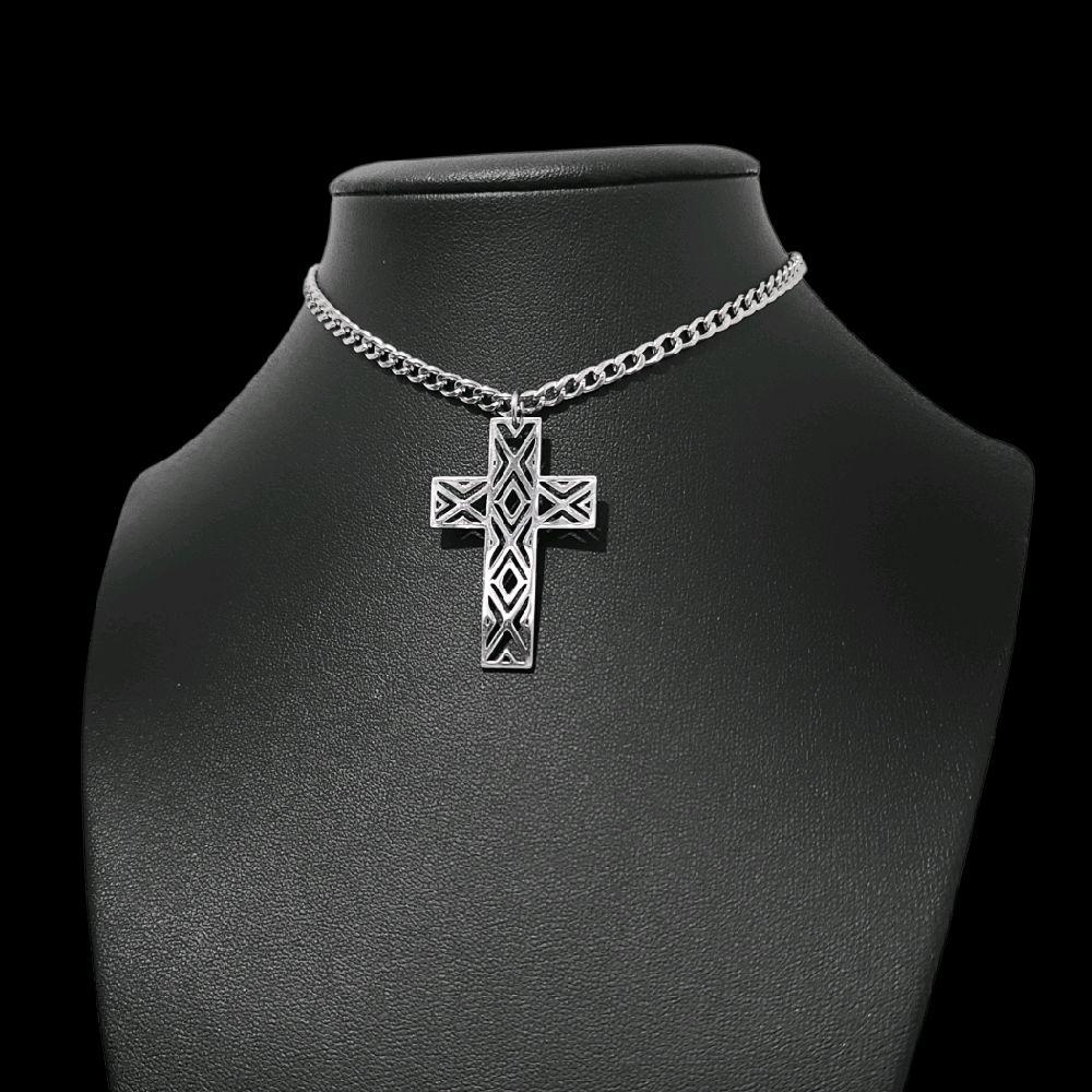 Silver Gothic Cross Choker Necklace - Stainless Steel Geometric Design