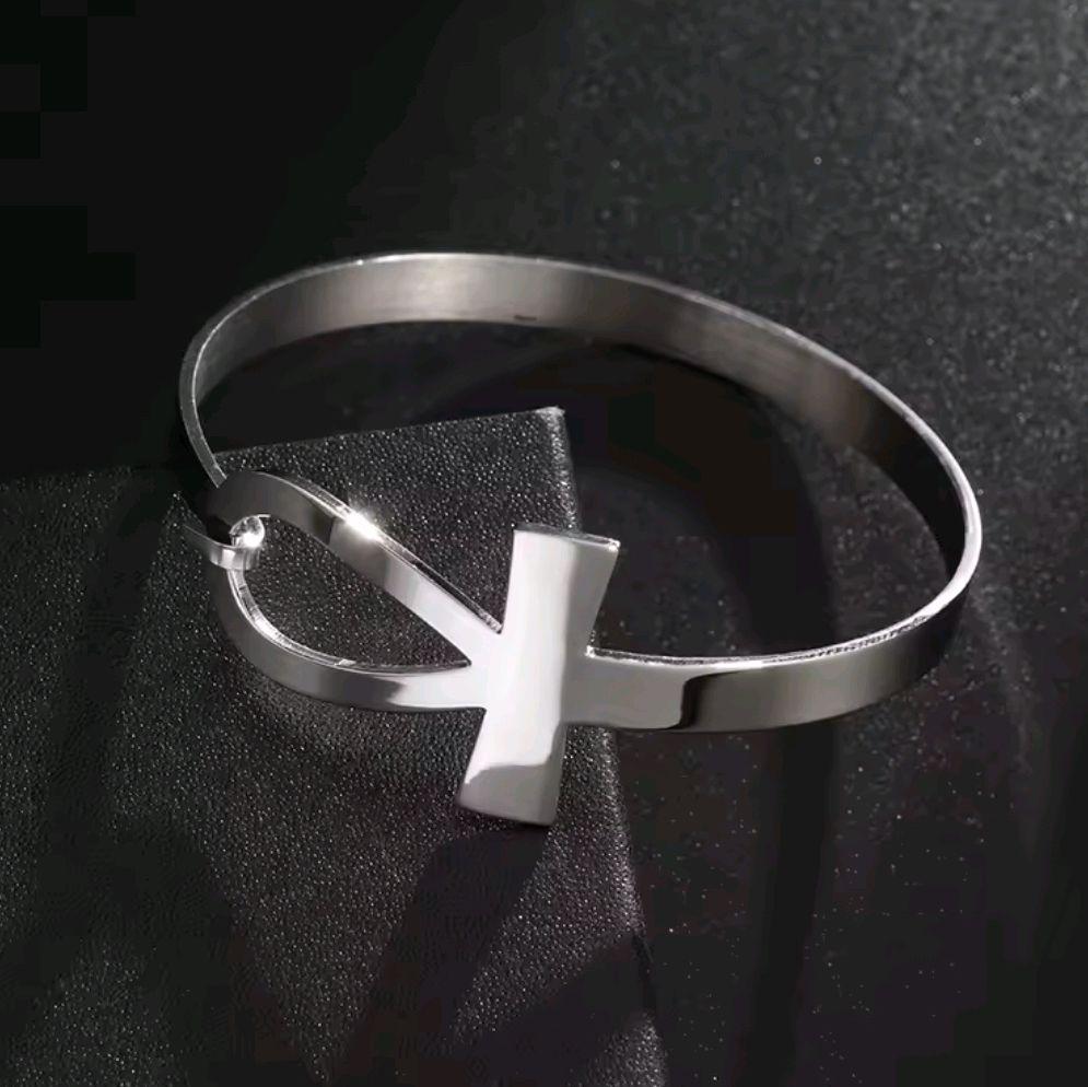 Silver Ankh Bangle Bracelet -Stainless Steel