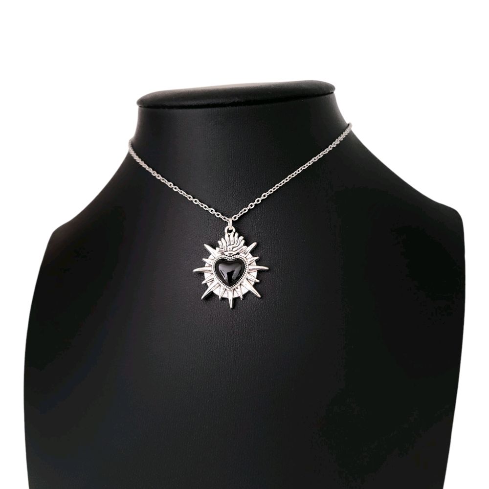 Silver Black Sacred Heart Pendant Necklace