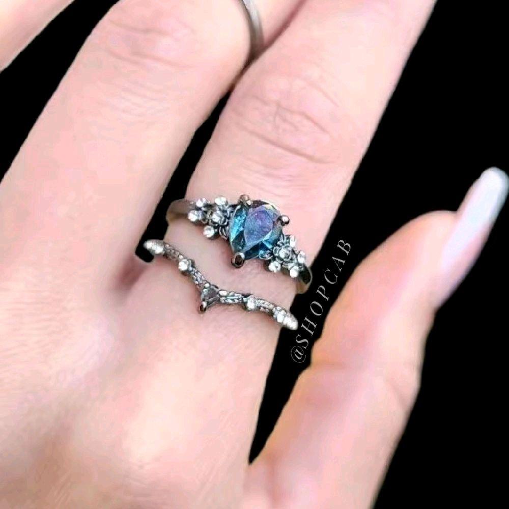 Blue Gothic Gunmetal Ring Stack Set