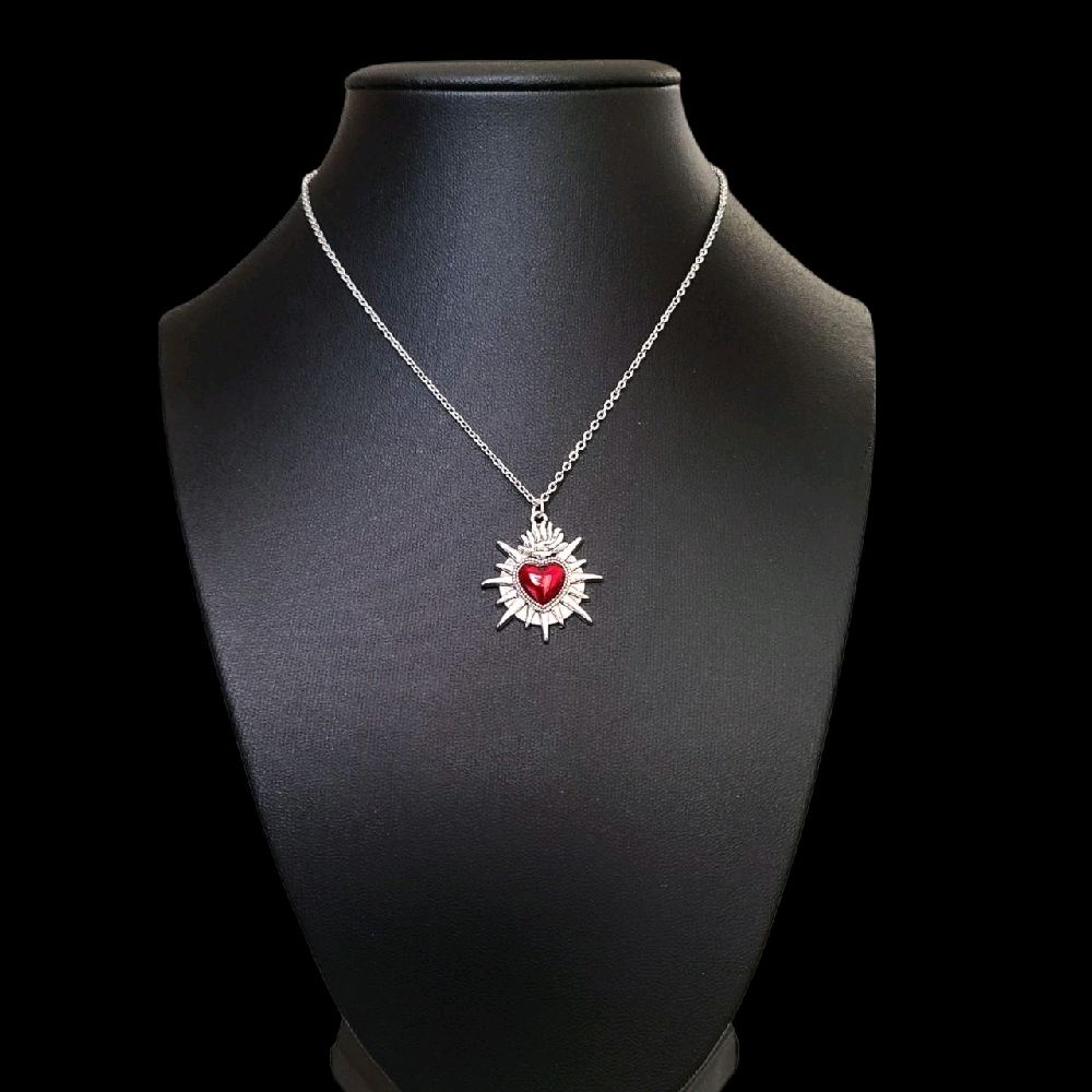 Gothic Silver Red Sacred Heart Necklace