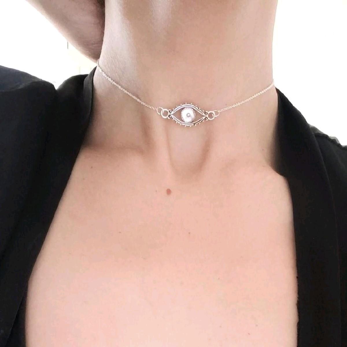 Silver Evil Eye Choker Necklace