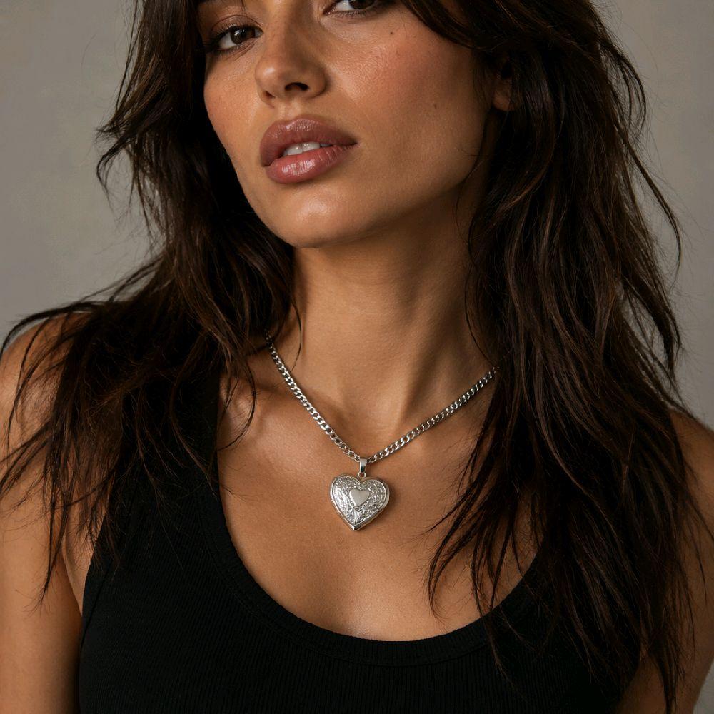 Silver Heart Lockett Pendant Choker Necklace - Stainless Steel
