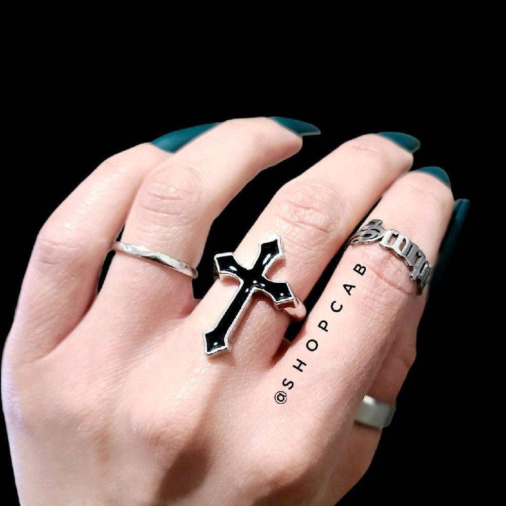 Black & Silver Cross Ring - Adjustable Size