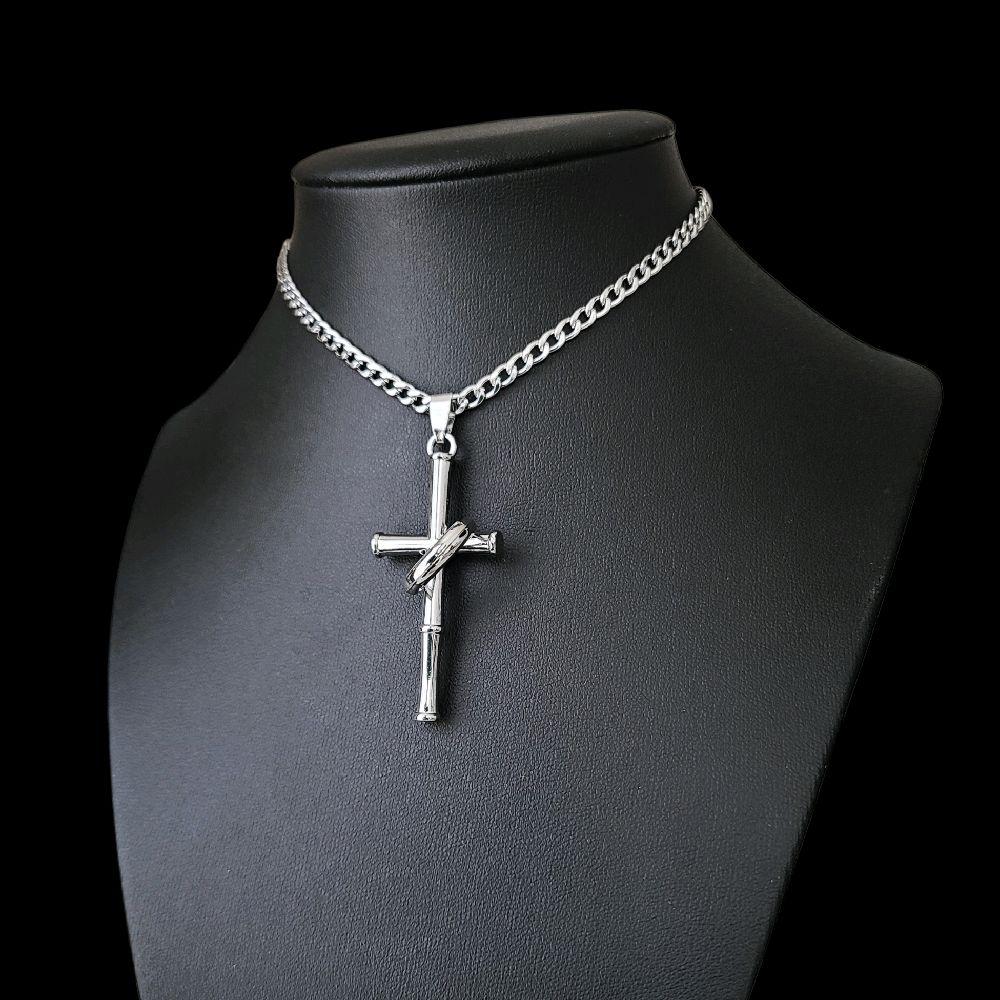 Silver Cross Ring Choker - Stainless Steel Chain