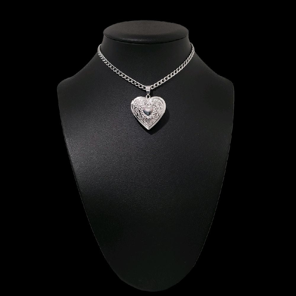 Silver Heart Lockett Pendant Choker Necklace - Stainless Steel