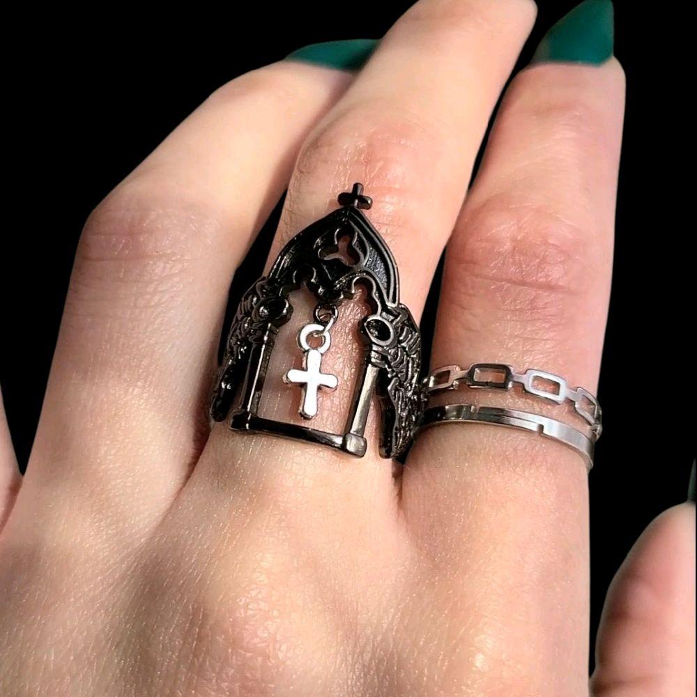 Black Silver Cross Charm Cathedral Ring