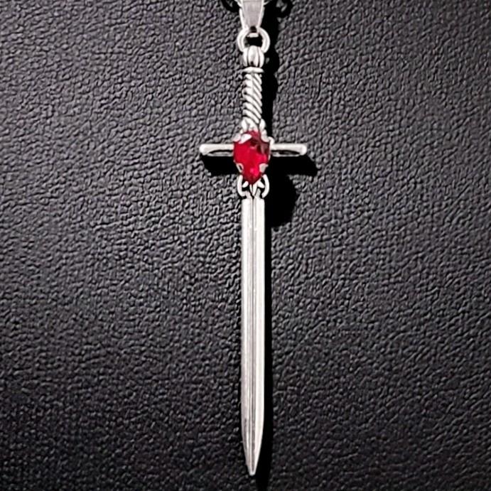 18" Silver Red Crystal Sword Necklace