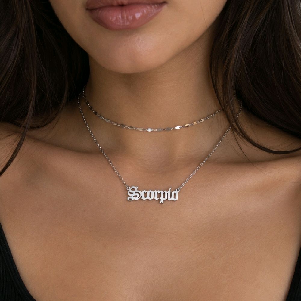 Silver Scorpio Script Necklace - Stainless Steel Zodiac Nameplate