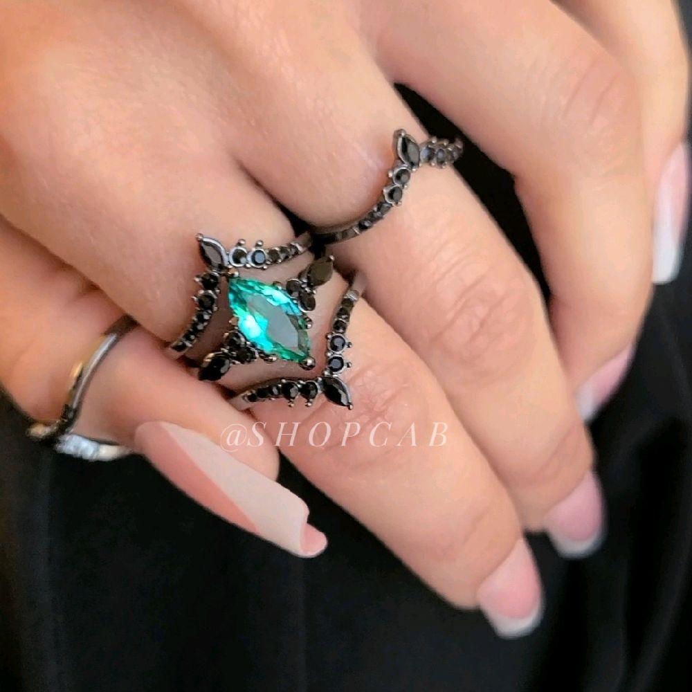 Teal Gothic Marquise Ring Stack Set - Gunmetal (3 Piece Set)