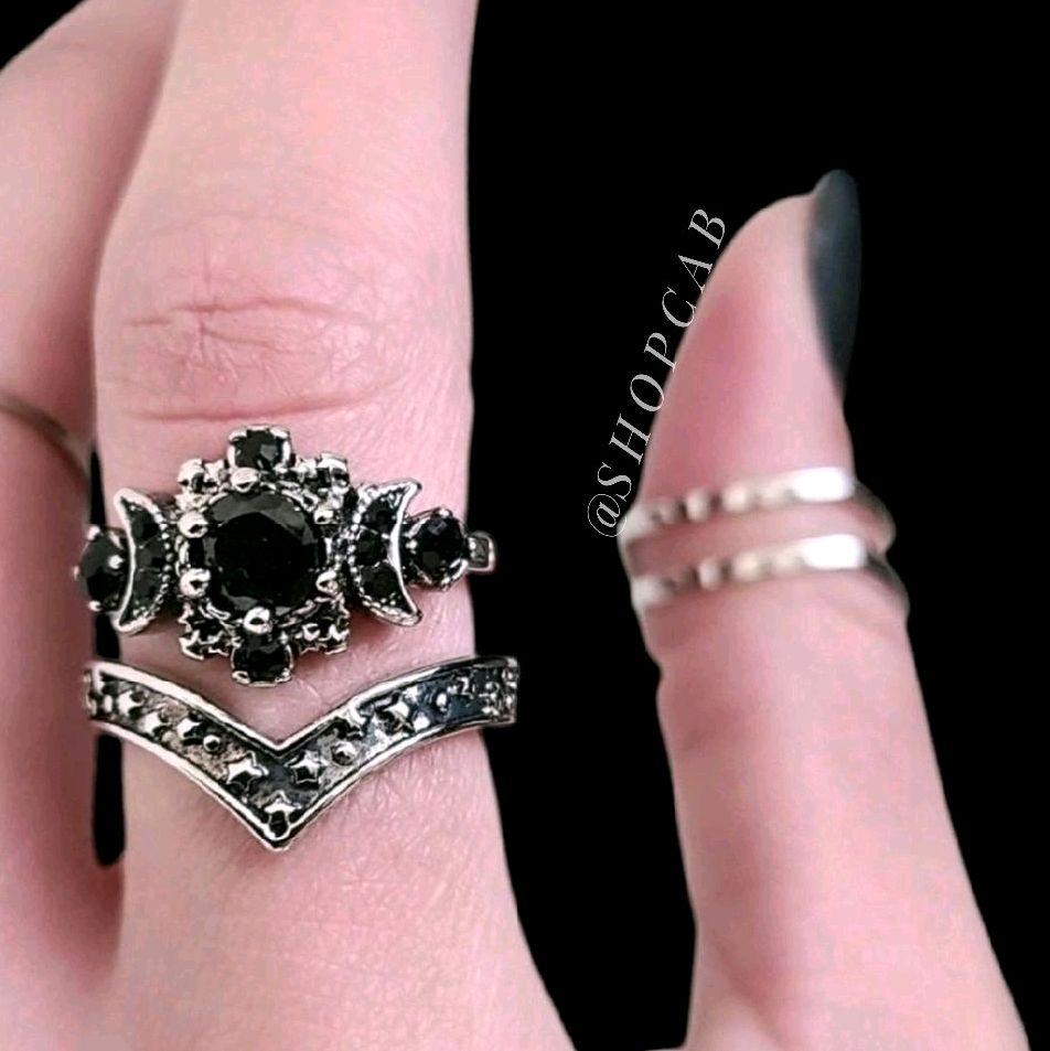 Black Crystal Triple Moon Ring Stack Set