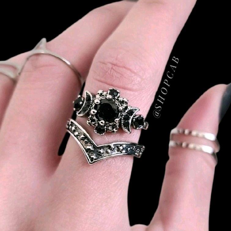 Black Crystal Triple Moon Ring Stack Set