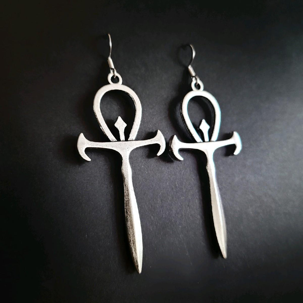 Silver Gothic Ankh Earrings
