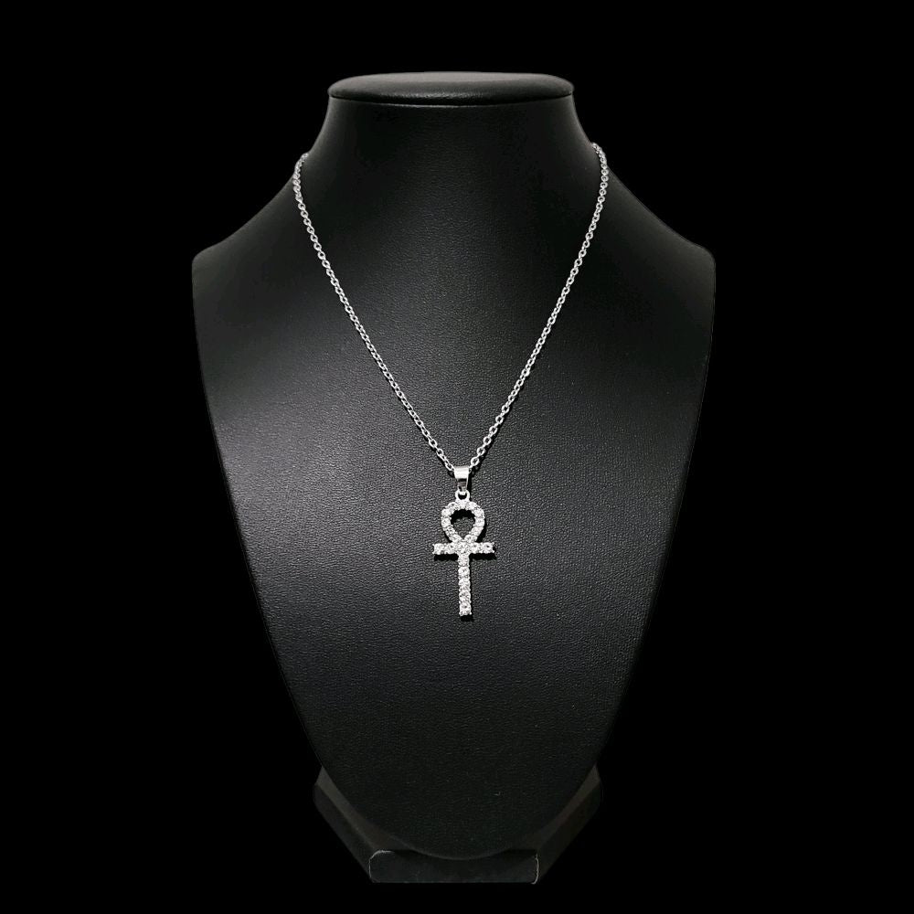 Crystal Ankh Pendant Necklace - Sparkly Silver