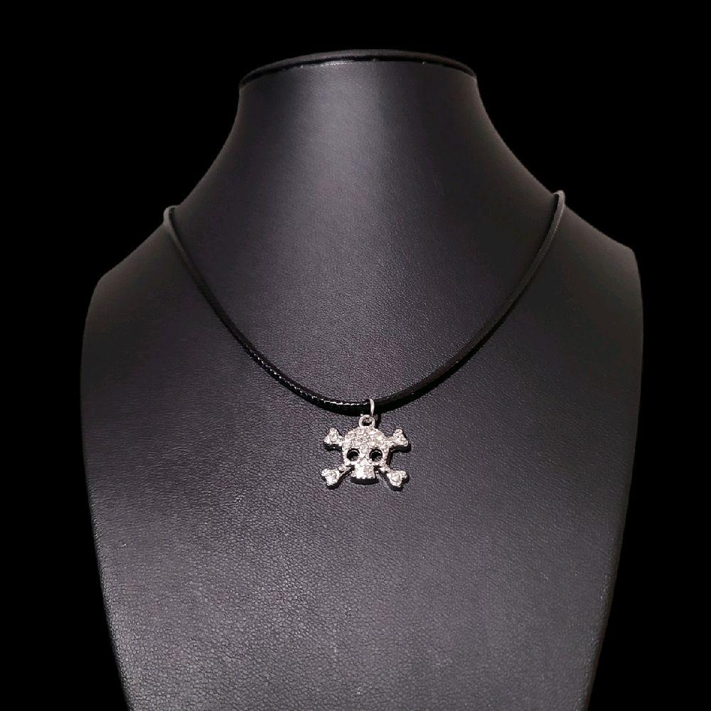 16" Crystal Skull Necklace - Black Cord (Rhinestone Gothic Jewelry)