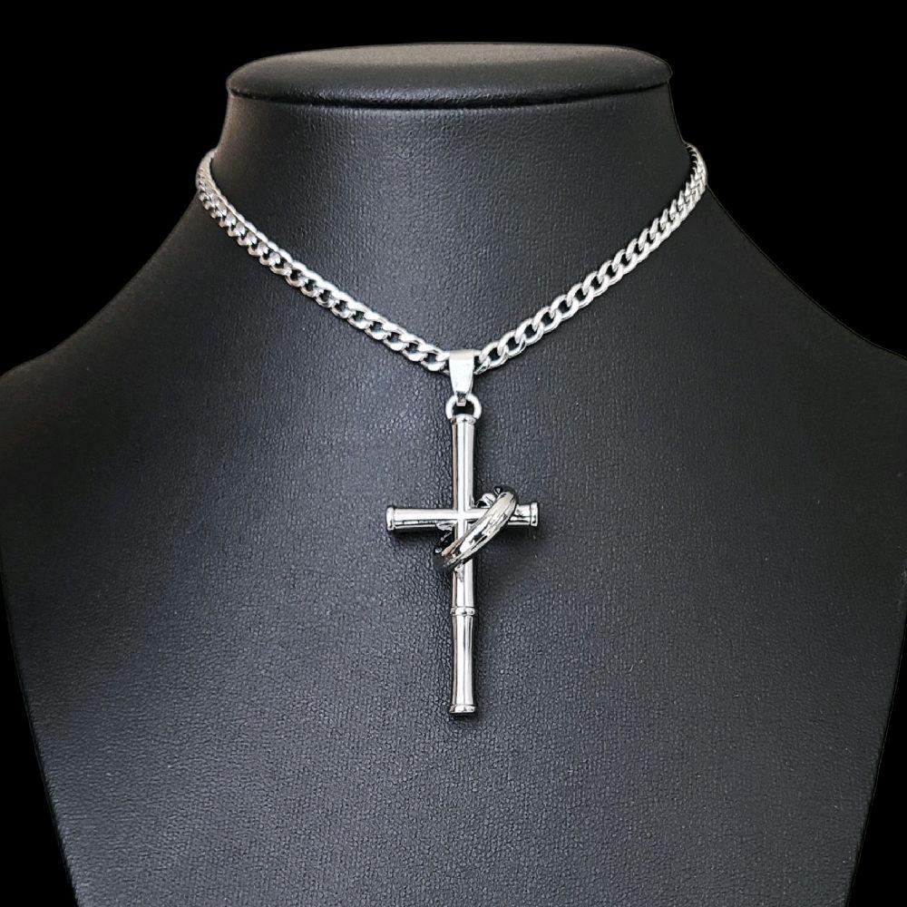 Silver Cross Ring Choker - Stainless Steel Chain