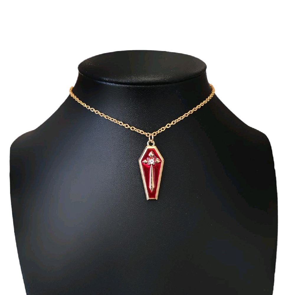 Red Gold Coffin Cross Pendant Necklace