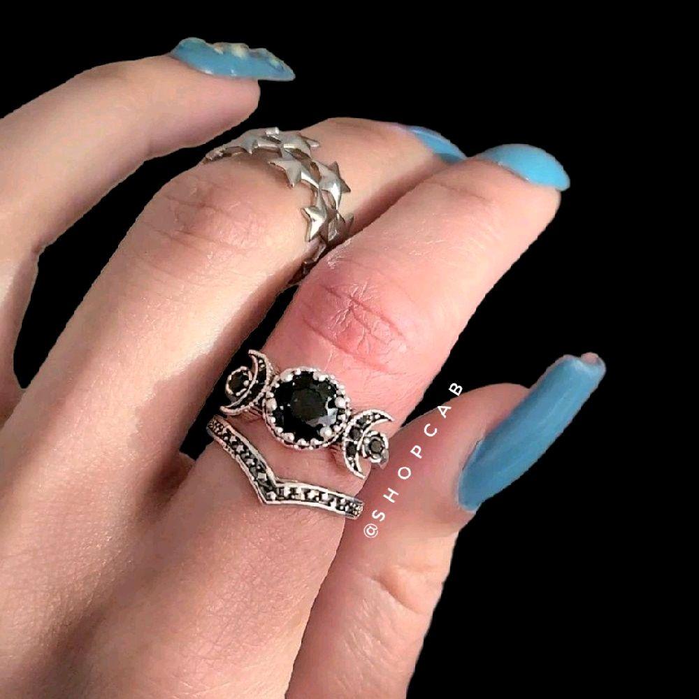 Celestial Black Silver Crystal Moon Ring Set