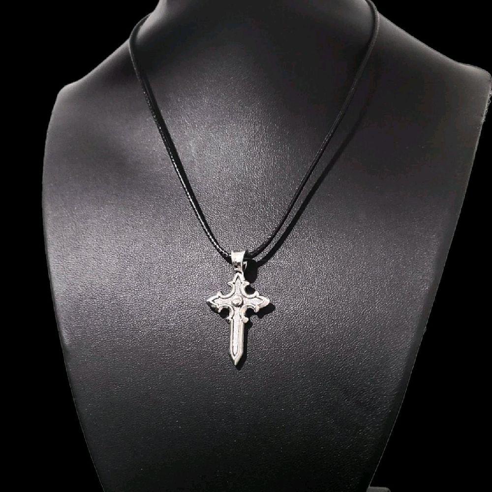 16" Silver Cross Pendant Necklace - Black Cord