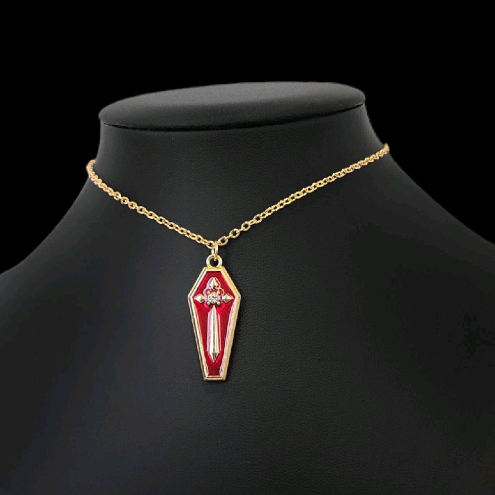 Red Gold Coffin Cross Pendant Necklace