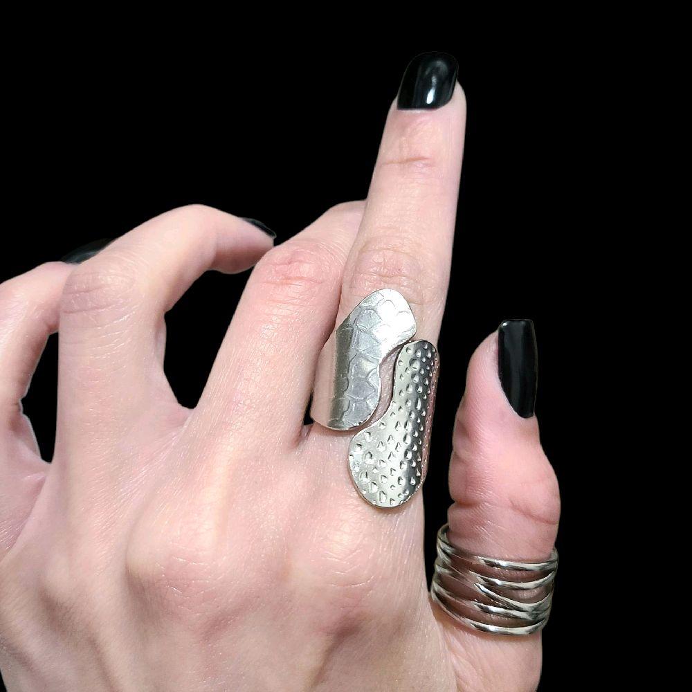 Hammered Long Wrap Ring - Stainless Steel