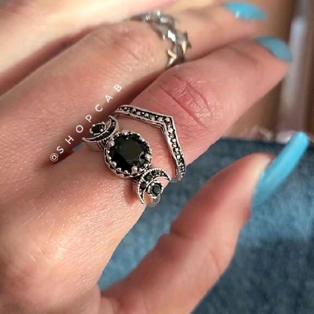 Celestial Black Silver Crystal Moon Ring Set