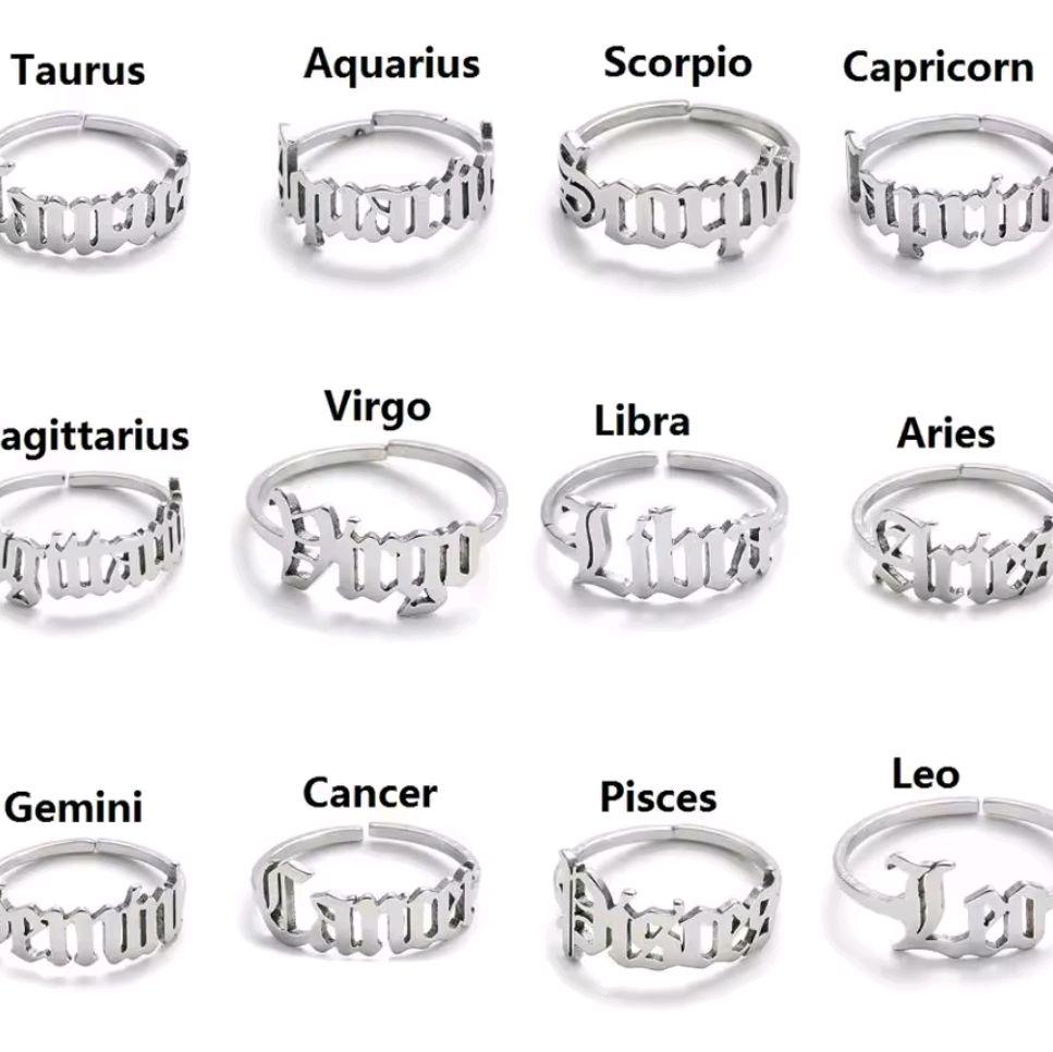 Silver Zodiac Sign Script Rings - Stainless Steel